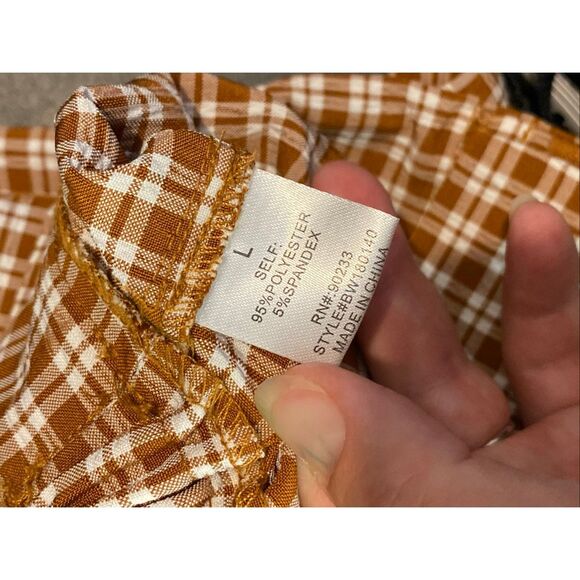 LOTTIE MOSS • Burnt Orange Brown/White Plaid High Waist Belted Paper Bag Shorts - Picture 8 of 11